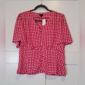 Ann Taylor Petite Plaid Flutter Sleeve Button Top Pink White Size 12P Brand New